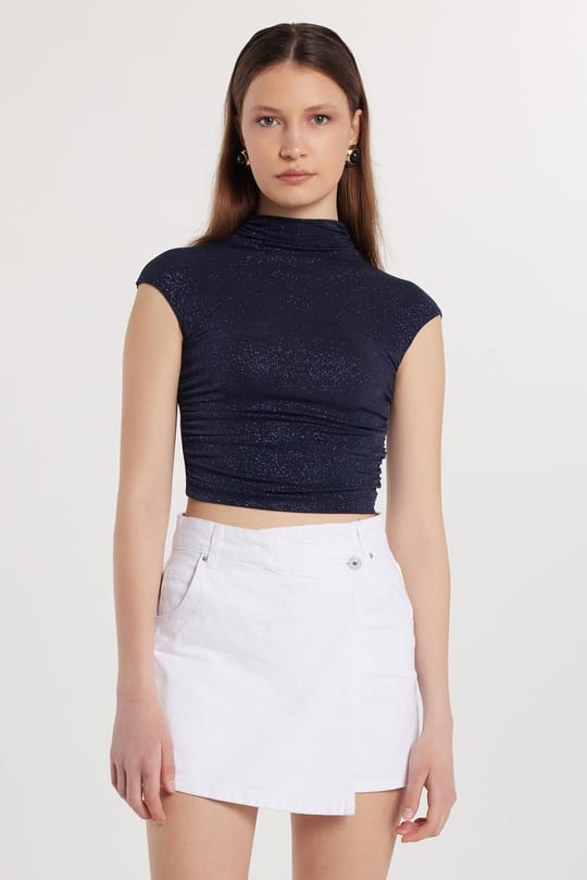 Kadın Slim Fit Dar Kesim Lastikli Kısa Kol Lacivert Bisiklet Yaka Bluz