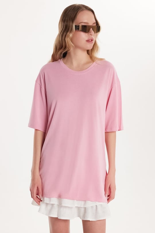 Kadın Modal Kumaş Regular Fit Kısa Kollu Bisiklet Yaka Pembe Tişört