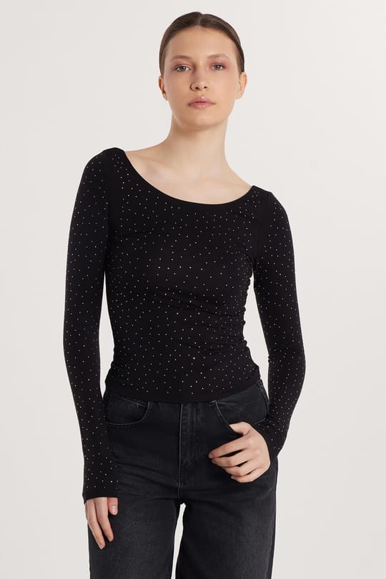 Kadın Modal Kumaş Slim Fit Dar Kesim Uzun Kollu U Yaka Siyah Bluz