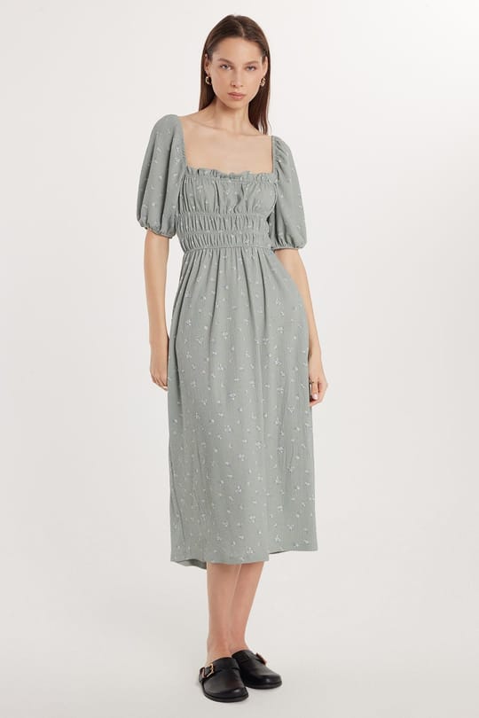 Kadın Slim Fit Dar Kesim Kısa Kollu Beli Büzgülü Kare Yaka Elbise