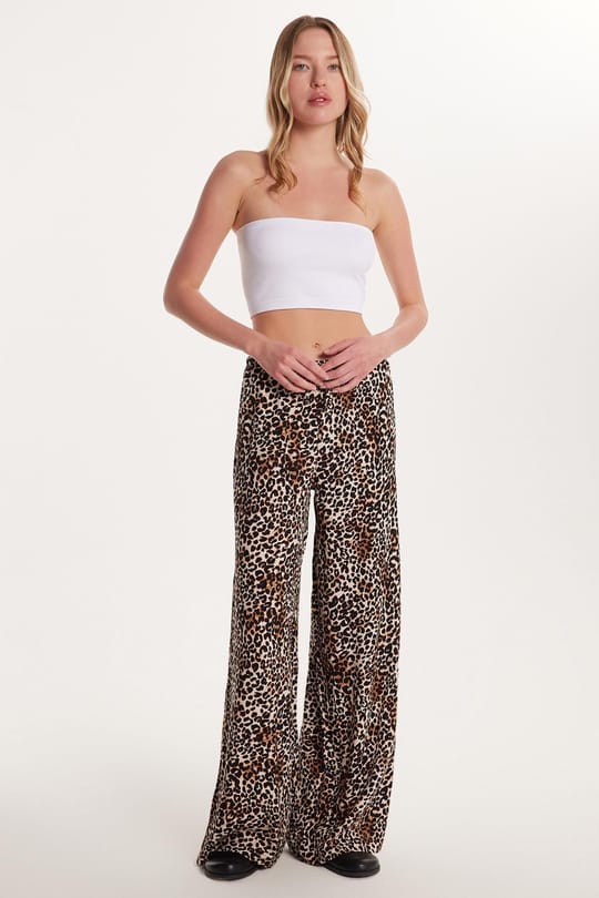 Kadın Slim Fit Dar Kesim Beli Lastikli Bağlamalı Leopar Desenli Pantolon