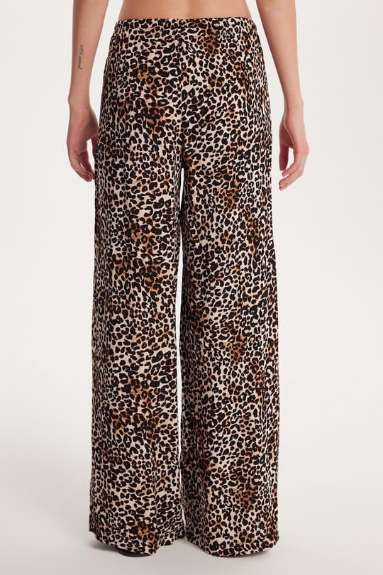 Kadın Slim Fit Dar Kesim Beli Lastikli Bağlamalı Leopar Desenli Pantolon
