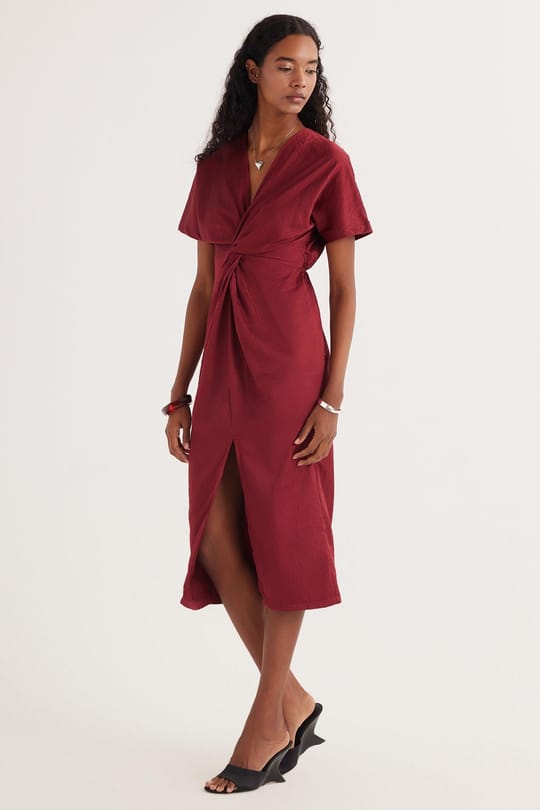 Kadın Slim Fit Dar Kesim Kısa Kollu V Yaka Bordo Elbise