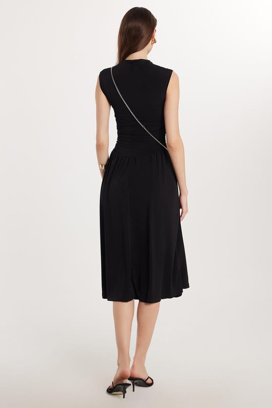 Kadın Slim Fit Dar Kesim Siyah Kolsuz Bisiklet Yaka Midi Boy Elbise