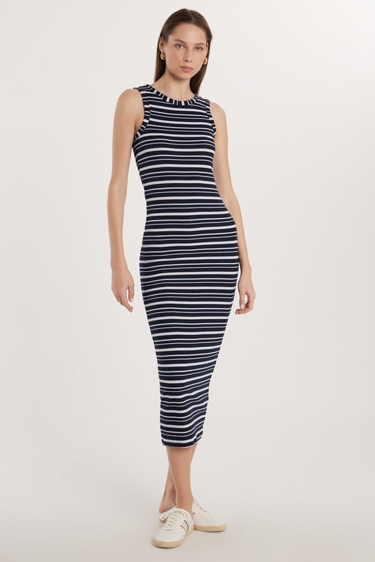 Kadın Slim Fit Dar Kesim Sıfır Kol Halter Yaka Çizgili Elbise