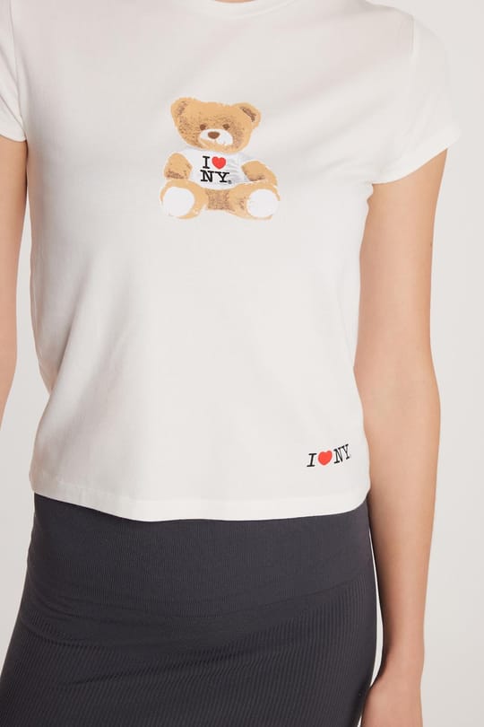 Kadın Modal Kumaş Slim Fit Dar Kesim Kısa Kollu Baskılı Ekru Tişört