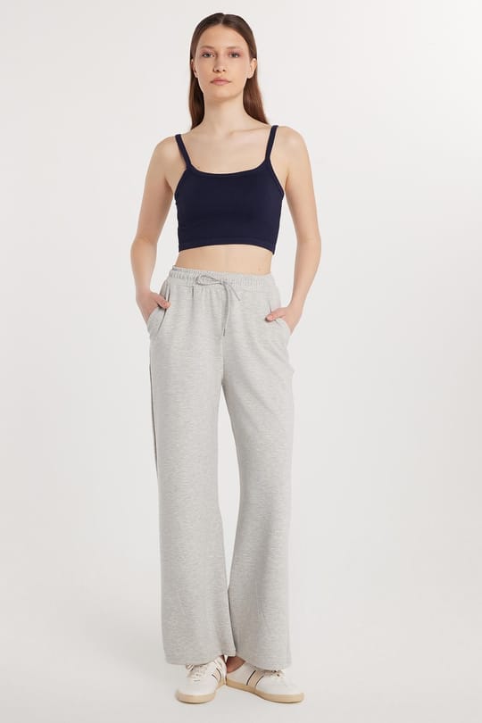 Kadın Modal Kumaş Regular Fit Normal Bel Çift Cep Beli Bağcıklı Gri Eşofman Altı