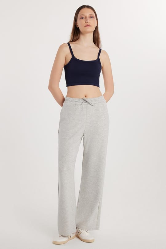Kadın Modal Kumaş Regular Fit Normal Bel Çift Cep Beli Bağcıklı Gri Eşofman Altı
