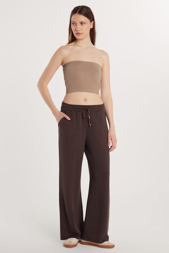 Kadın Modal Kumaş Regular Fit Normal Bel Çift Cep Beli Bağcıklı Kahverengi Eşofman Altı