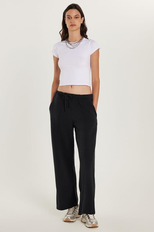 Kadın Modal Kumaş Slim Fit Dar Kesim Beli Lastikli Bağcıklı Siyah Pantolon
