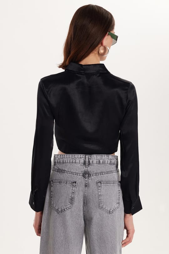 Kadın Slim Fit Dar Kesim Uzun Kollu  Klasik Yaka Siyah Gömlek