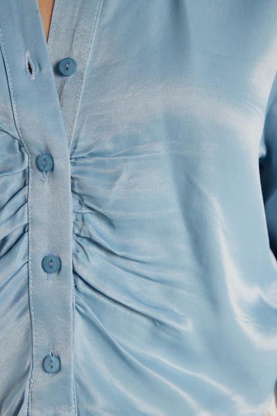 Kadın Slim Fit Dar Kesim Uzun Kollu  Klasik Yaka Mavi Gömlek