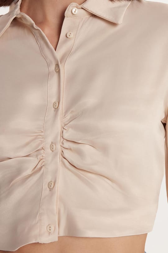 Kadın Slim Fit Dar Kesim Uzun Kollu  Klasik Yaka Taş Rengi Gömlek