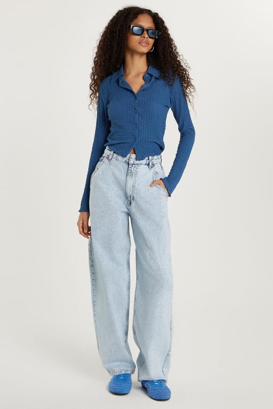 Kadın Regular Fit Yan Cepli Baggy Balon Mavi Jean Kot Pantolon