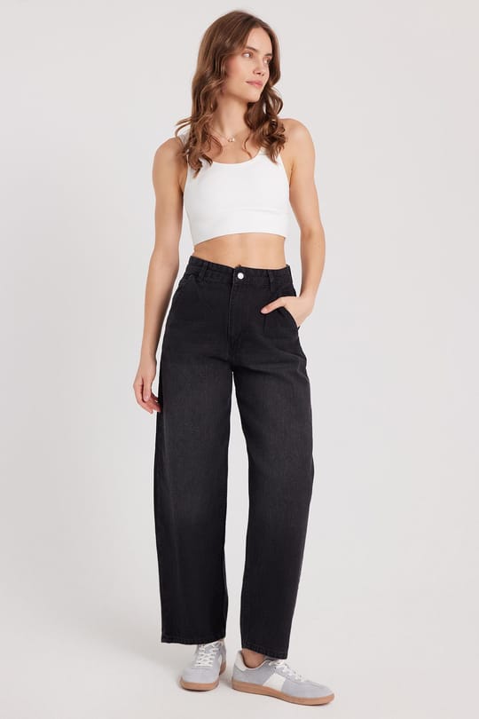 Kadın Regular Fit Yan Cepli Baggy Balon Siyah Jean Kot Pantolon