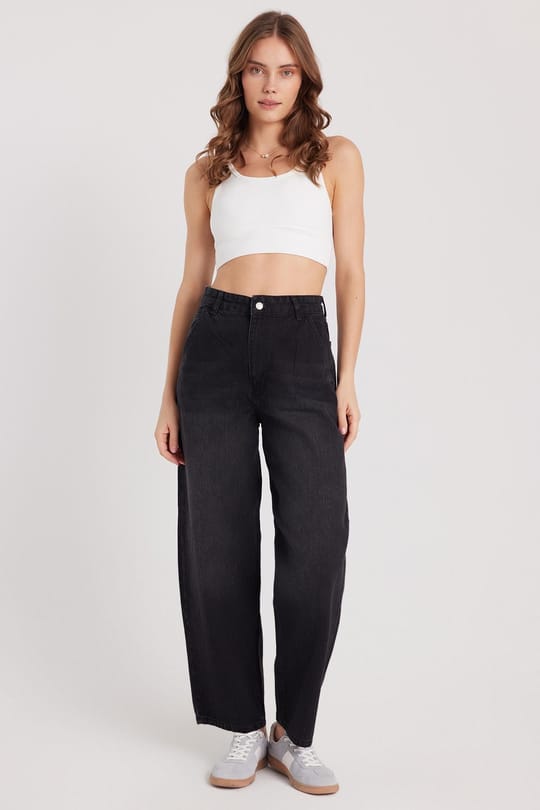 Kadın Regular Fit Yan Cepli Baggy Balon Siyah Jean Kot Pantolon