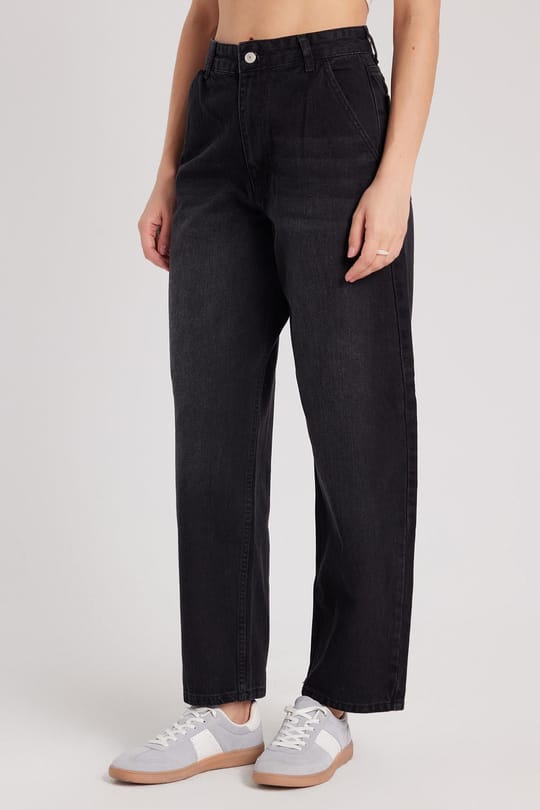 Kadın Regular Fit Yan Cepli Baggy Balon Siyah Jean Kot Pantolon