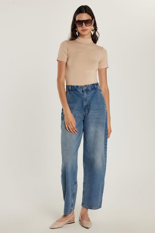Kadın Regular Fit Yan Cepli Baggy Balon Mavi Jean Kot Pantolon