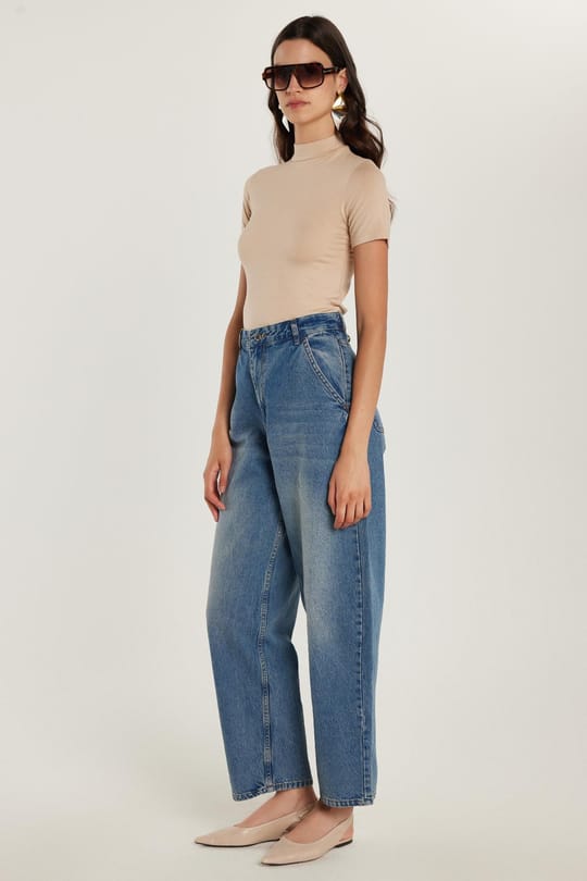 Kadın Regular Fit Yan Cepli Baggy Balon Mavi Jean Kot Pantolon