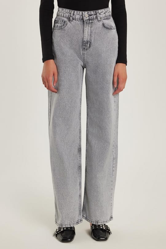 Kadın Regular Fit %100 Pamuk Bol Paça Gri Jean Kot Pantolon