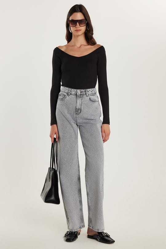 Kadın Regular Fit %100 Pamuk Bol Paça Gri Jean Kot Pantolon