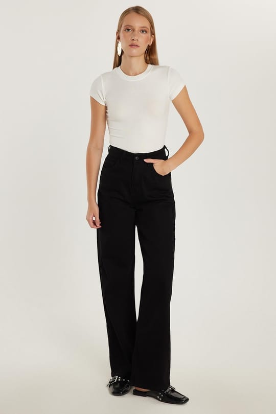 Kadın Regular Fit %100 Pamuk Bol Paça Siyah Jean Kot Pantolon