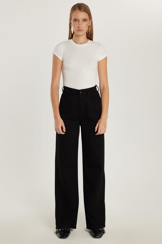 Kadın Regular Fit %100 Pamuk Bol Paça Siyah Jean Kot Pantolon