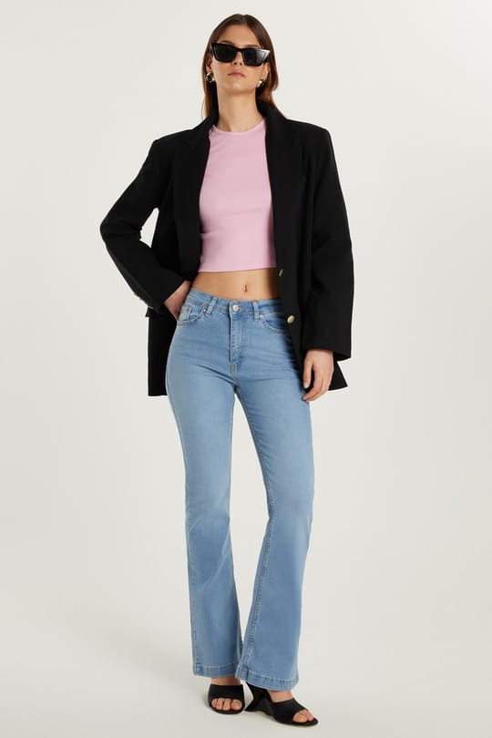 Kadın Regular Fit Likralı İspanyol Paça Mavi Jean Kot Pantolon
