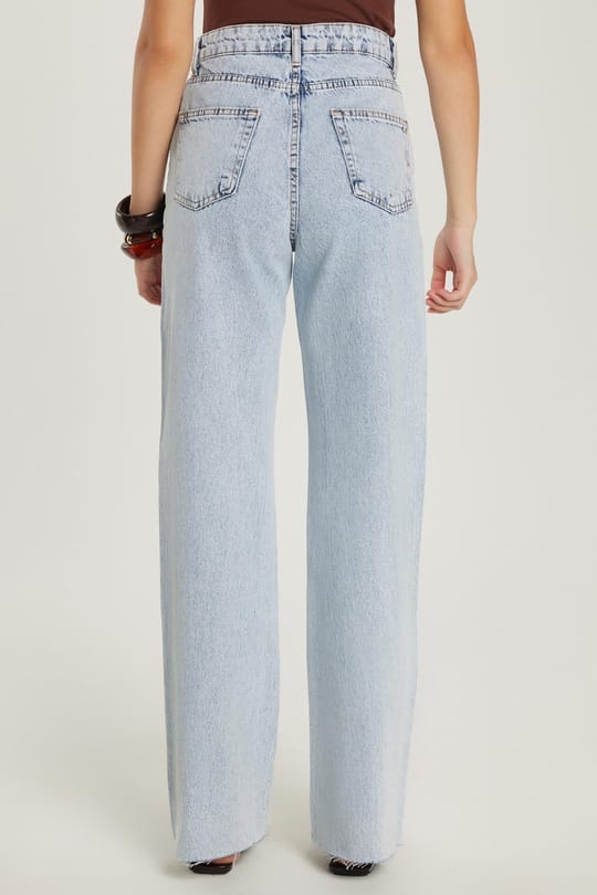 Kadın Regular Fit Cepli Geniş Paça Açık Mavi Jean Kot Pantolon