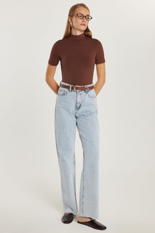Kadın Regular Fit Cepli Geniş Paça Açık Mavi Jean Kot Pantolon