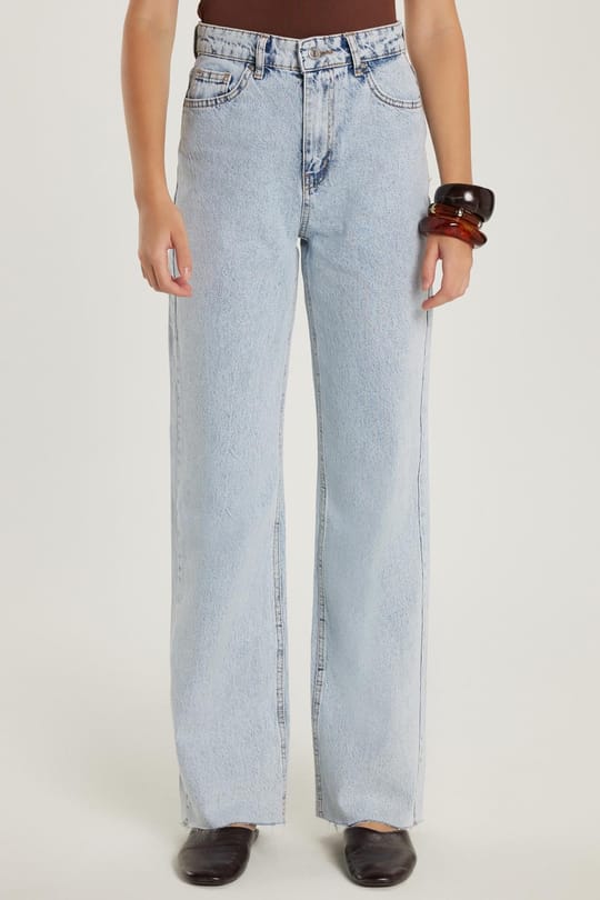 Kadın Regular Fit Cepli Geniş Paça Açık Mavi Jean Kot Pantolon