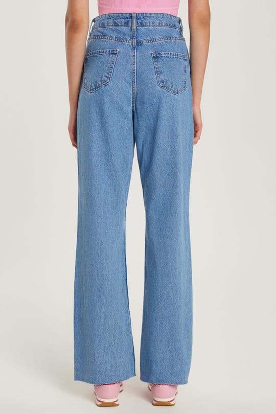 Kadın Regular Fit Cepli Geniş Paça Mavi Jean Kot Pantolon