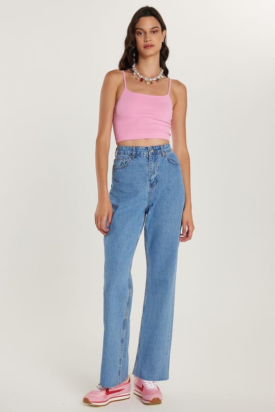 Kadın Regular Fit Cepli Geniş Paça Mavi Jean Kot Pantolon