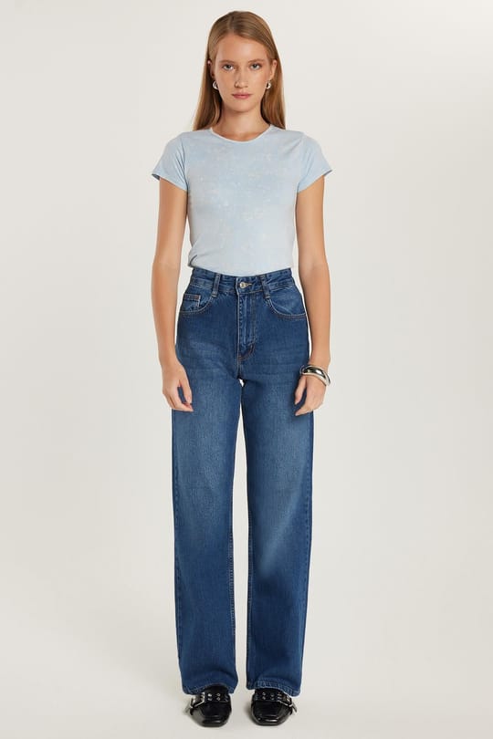 Kadın Regular Fit Geniş Paça Mavi Jean Kot Pantolon