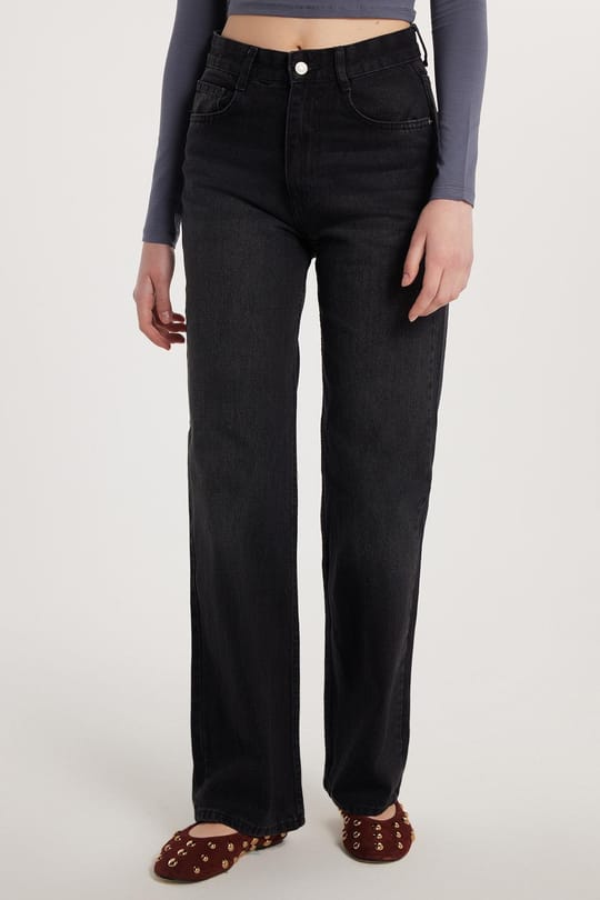 Kadın Regular Fit Geniş Paça Füme Jean Pantolon