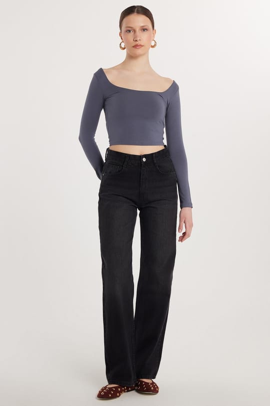 Kadın Regular Fit Geniş Paça Füme Jean Kot Pantolon