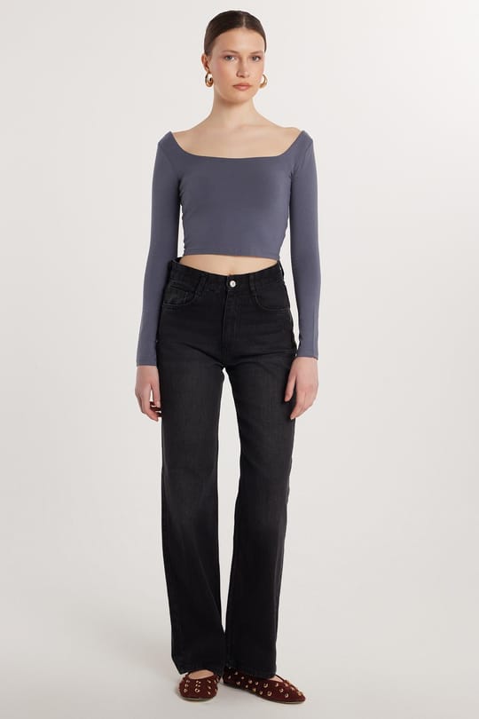 Kadın Regular Fit Geniş Paça Füme Jean Kot Pantolon
