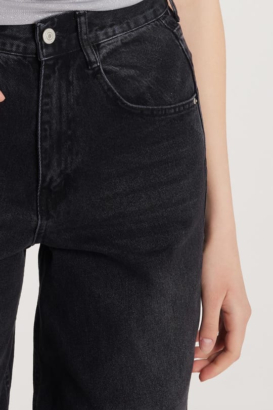 Kadın Regular Fit Tokalı Geniş Paça Baggy Jean Kot Füme Pantolon