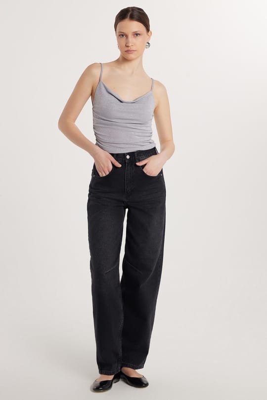 Kadın Regular Fit Tokalı Geniş Paça Baggy Jean Kot Füme Pantolon