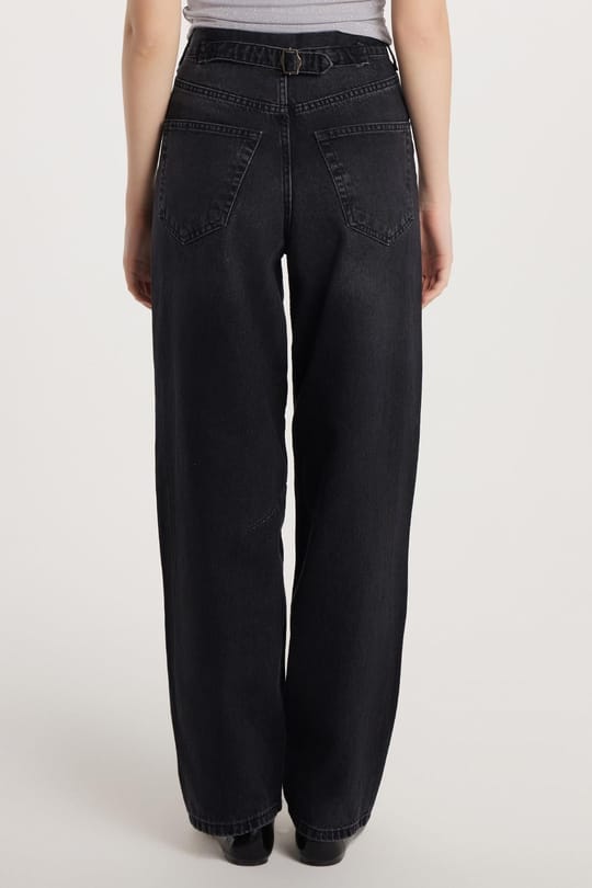Kadın Regular Fit Tokalı Geniş Paça Baggy Jean Kot Füme Pantolon