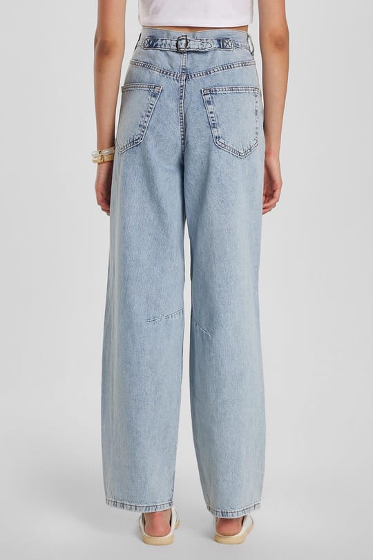 Kadın Regular Fit Tokalı Geniş Paça Baggy Mavi Jean Kot Pantolon