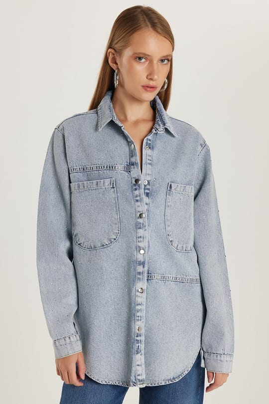 Kadın Regular Fit %100 Pamuk Uzun Kollu Mavi Denim Gömlek