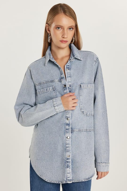 Kadın Regular Fit %100 Pamuk Uzun Kollu Mavi Denim Gömlek
