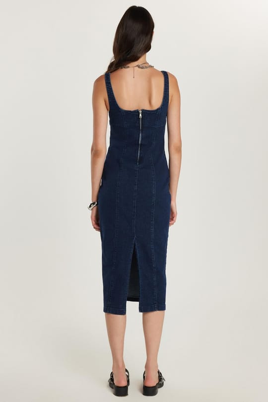 Kadın Slim Fit Dar Kesim Askılı U Yaka Denim Elbise