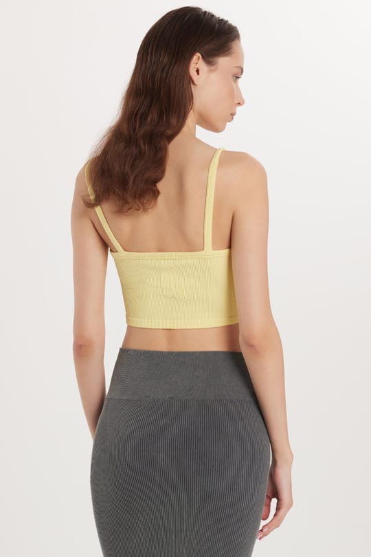 Kadın Slim Fit Kare Yaka Düz Basic Sarı Crop Atlet