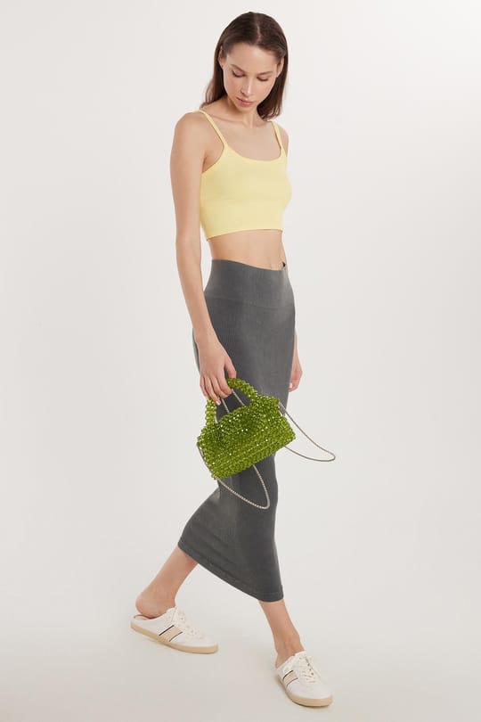 Kadın Slim Fit Kare Yaka Düz Basic Sarı Crop Atlet