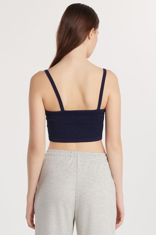 Kadın Slim Fit Kare Yaka Düz Basic Lacivert Crop Atlet