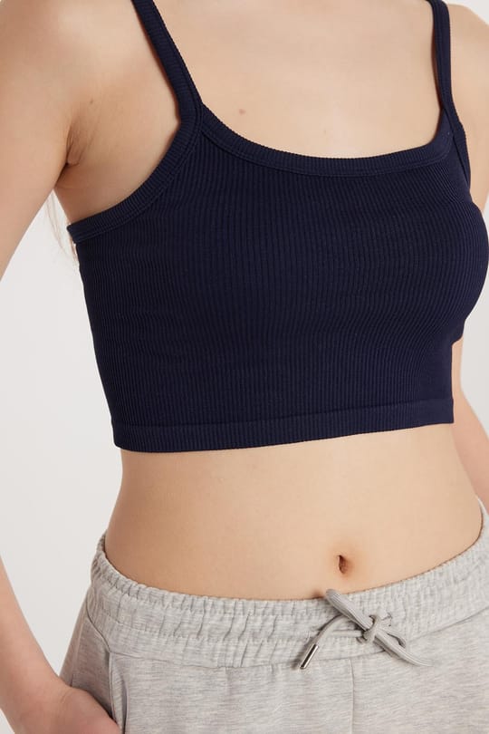 Kadın Slim Fit Kare Yaka Düz Basic Lacivert Crop Atlet