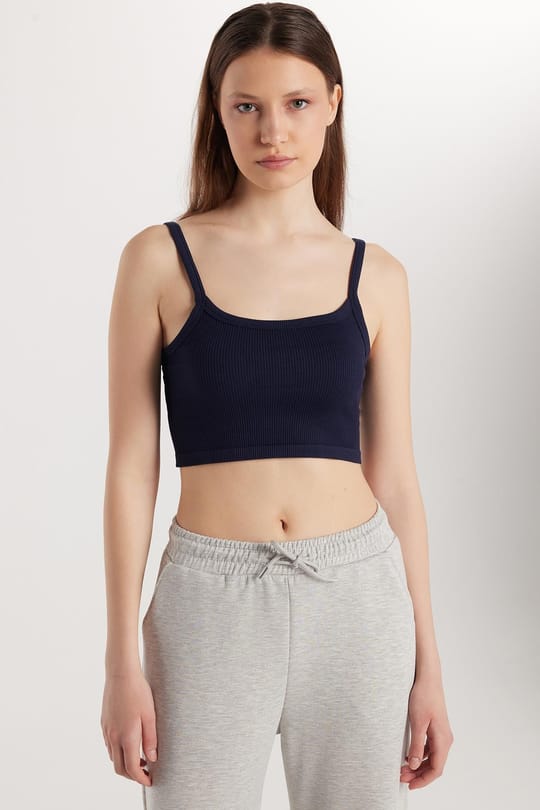 Kadın Slim Fit Kare Yaka Düz Basic Lacivert Crop Atlet