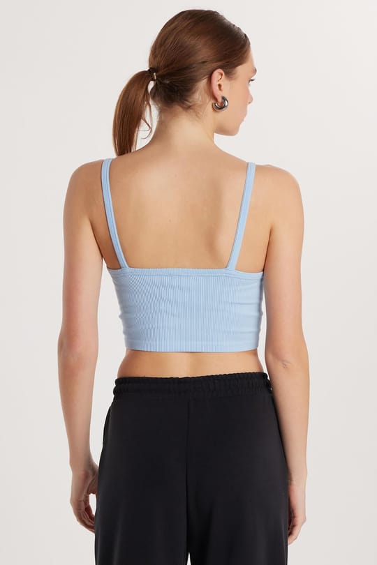 Kadın Slim Fit Kare Yaka Düz Basic Mavi Crop Atlet